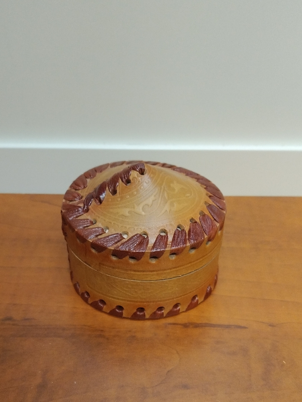 Handcrafted Round Leather Trinket Box Tan and Brown W/ Red Velvet Liner 4" Diam.